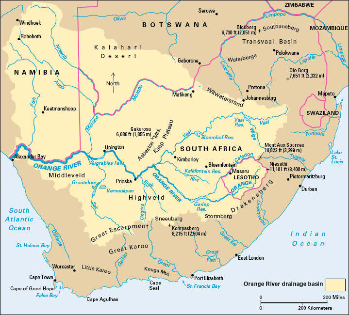 Course of the Orange River in southern Africa