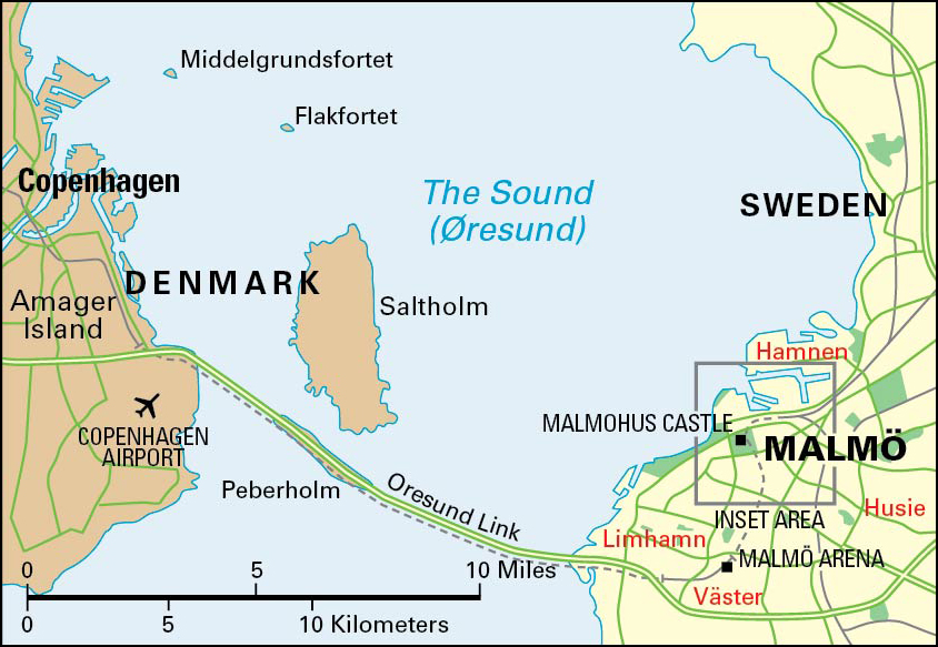 The Oresund Link connects Malmö, Sweden, to Copenhagen, Denmark.