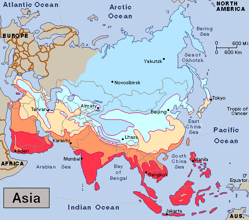 Average January temperatures in Asia