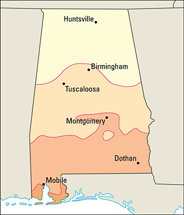 Average January temperatures in Alabama