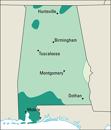 Average yearly precipitation in Alabama