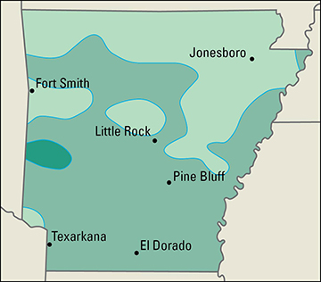 Average yearly precipitation in Arkansas