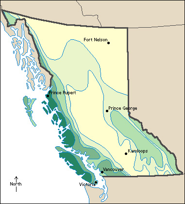 Average yearly precipitation in British Columbia