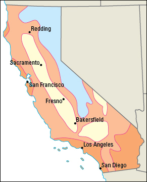 Average January temperatures in California