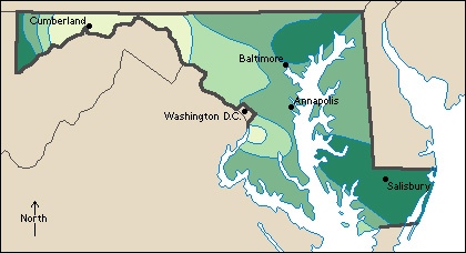 Average yearly precipitation in Maryland