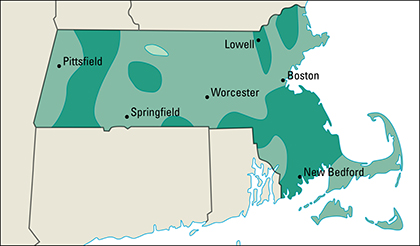 Average yearly precipitation in Massachusetts