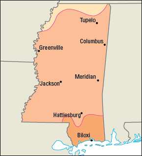 Average January temperatures in Mississippi