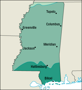 Average yearly precipitation in Mississippi