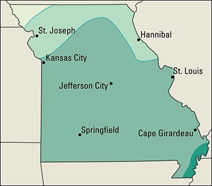 Average yearly precipitation in Missouri