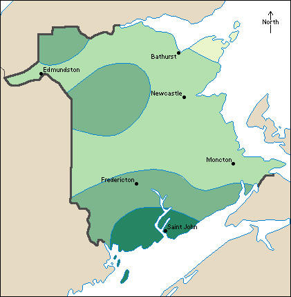 Average yearly precipitation in New Brunswick