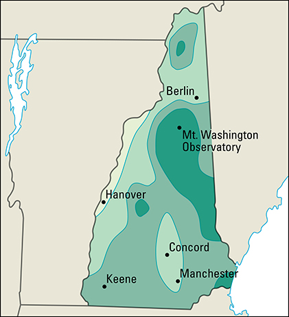 Average yearly precipitation in New Hampshire