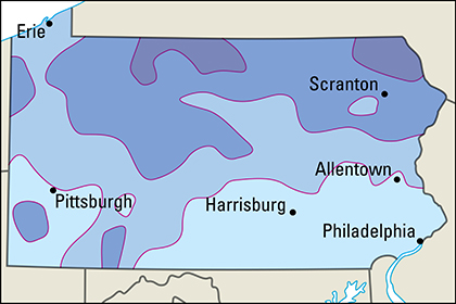 Average January temperatures in Pennsylvania