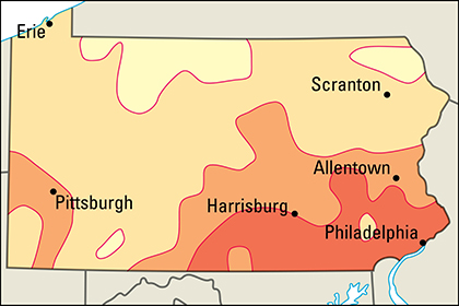 Average July temperatures in Pennsylvania