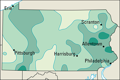 Average yearly precipitation in Pennsylvania