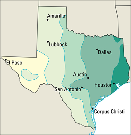 Average yearly precipitation in Texas