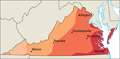 Average July temperatures in Virginia