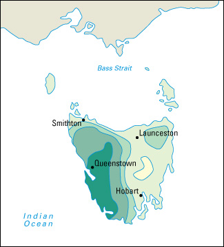 Average yearly precipitation in Tasmania