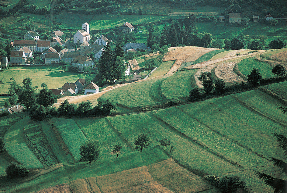 Villages set amid well-tended fields