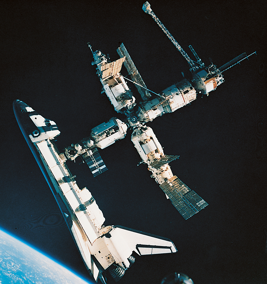 Space shuttle Atlantis docked with Mir