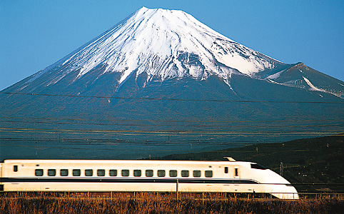 Bullet train passing Mount Fuji