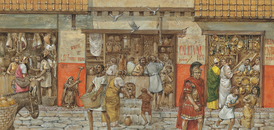 Crowded shops in ancient Rome