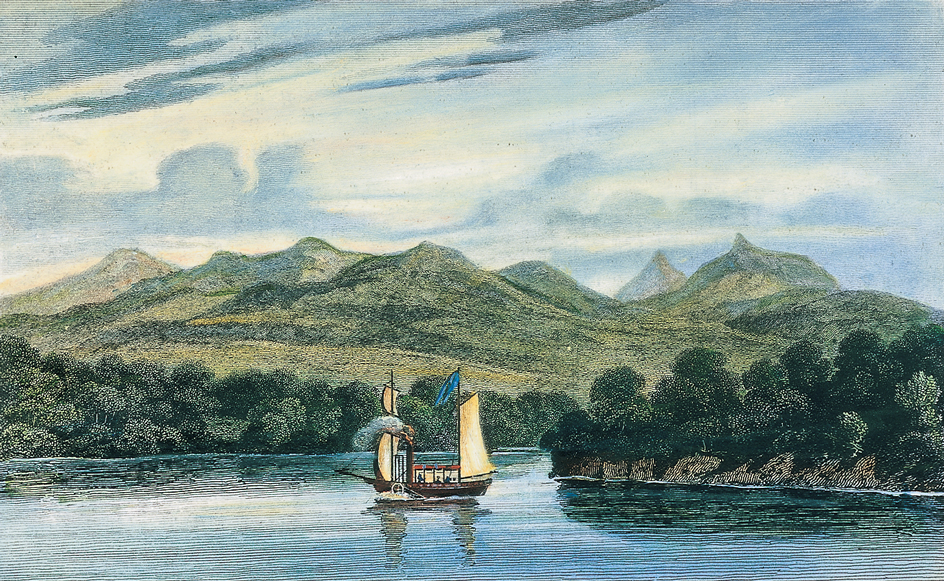 Robert Fulton's steamboat, the Clermont, sails on the Hudson River.