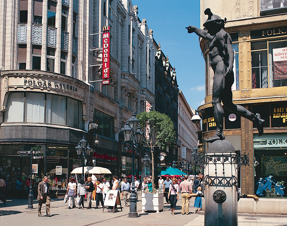 Shoppers stroll along Vaci Utca