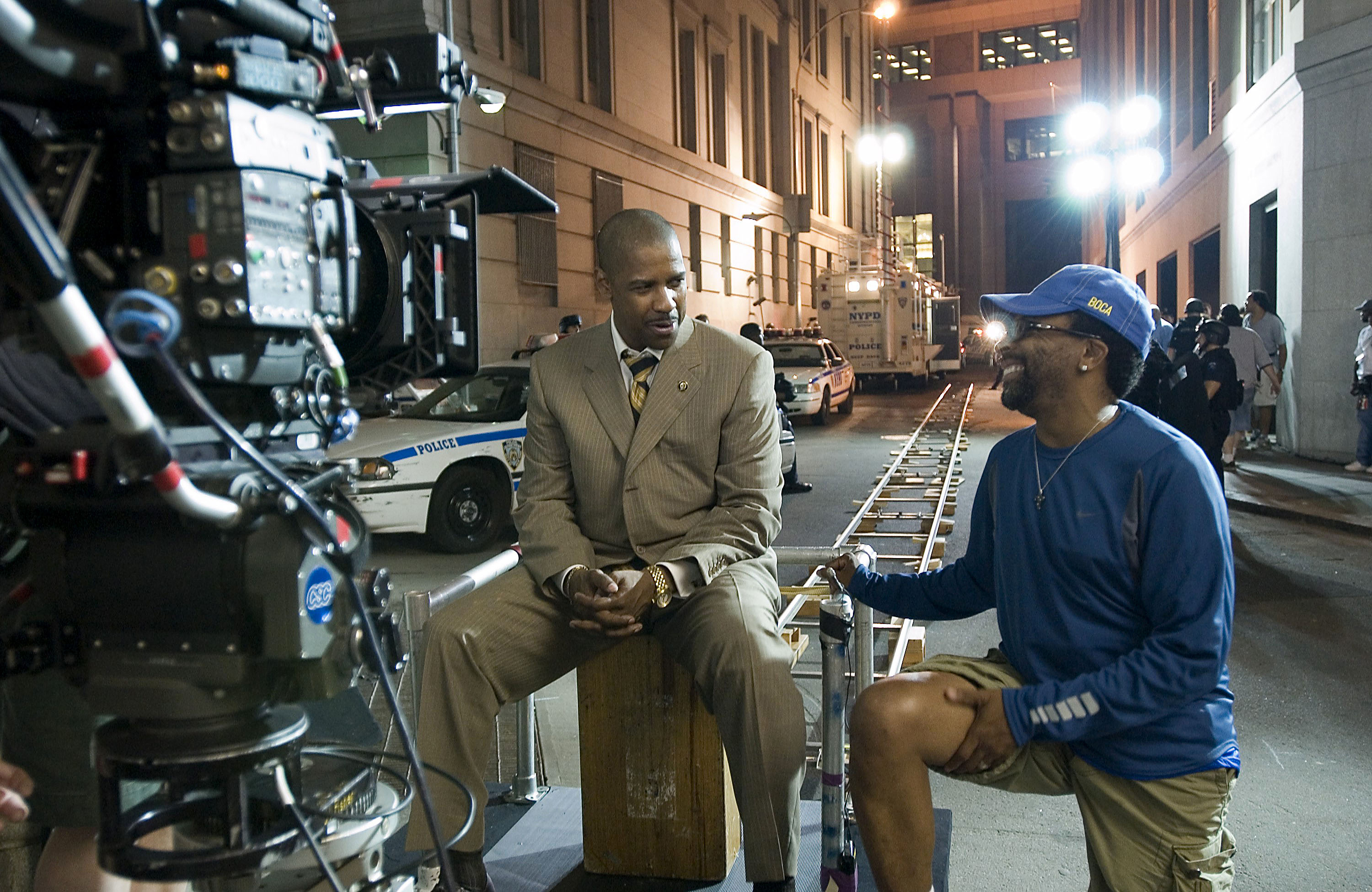 Denzel Washington (left) and Spike Lee (right) on location for motion picture