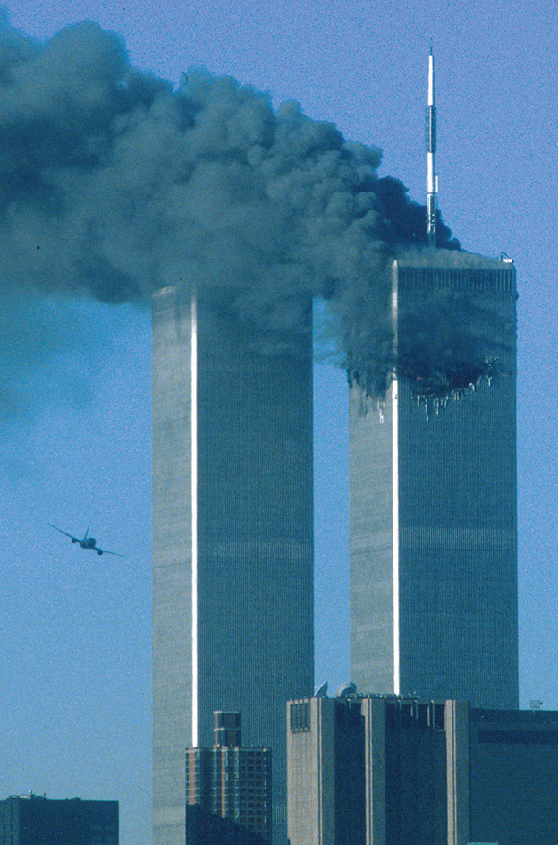 United Airlines plane heads for the south tower of the World Trade Center