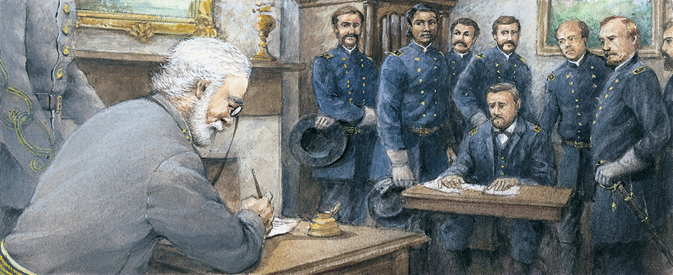 Lee surrendering to Grant at Appomattox