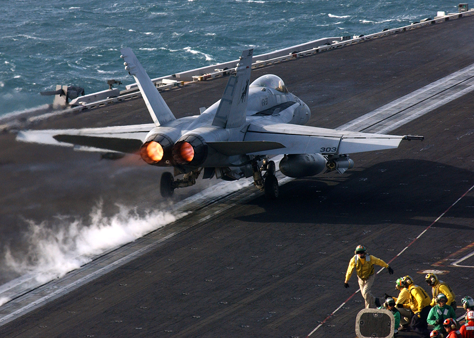 Fighter plane on an aircraft carrier