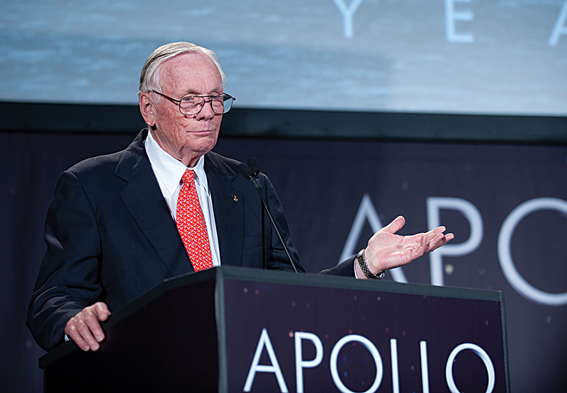 Astronaut Neil Armstrong gives a speech on the Apollo space program