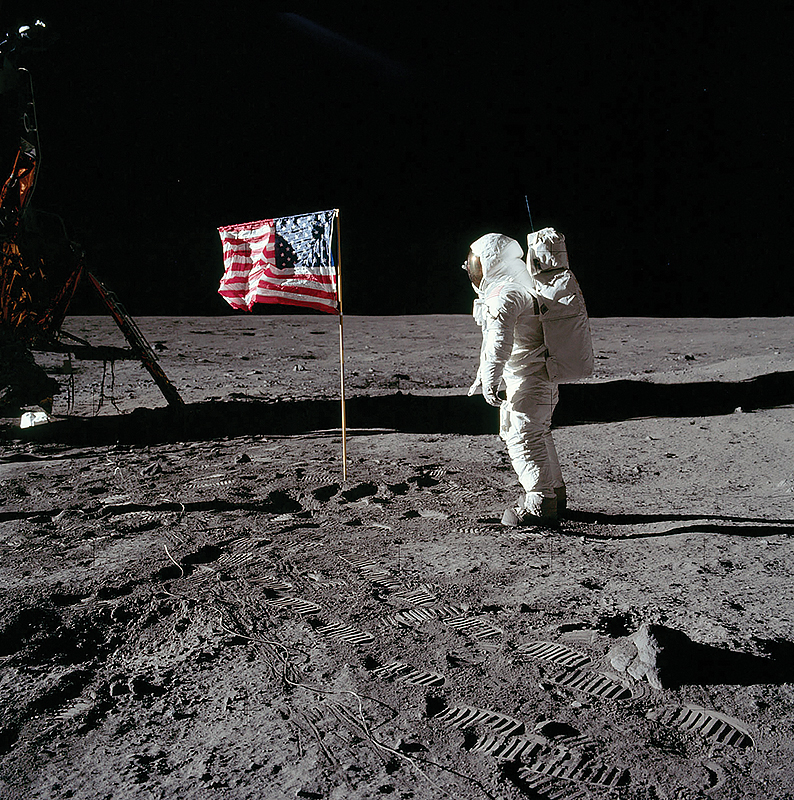 Apollo 11 astronaut Buzz Aldrin with the American flag on the moon