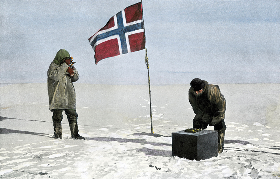 The Norwegian explorer Roald Amundsen, left, at the South Pole