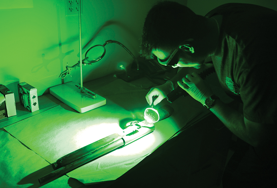 A forensic scientist using laser technology