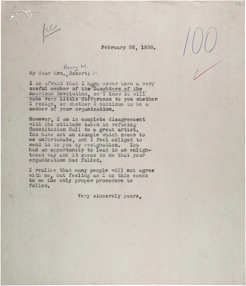 Eleanor Roosevelt resigns in protest