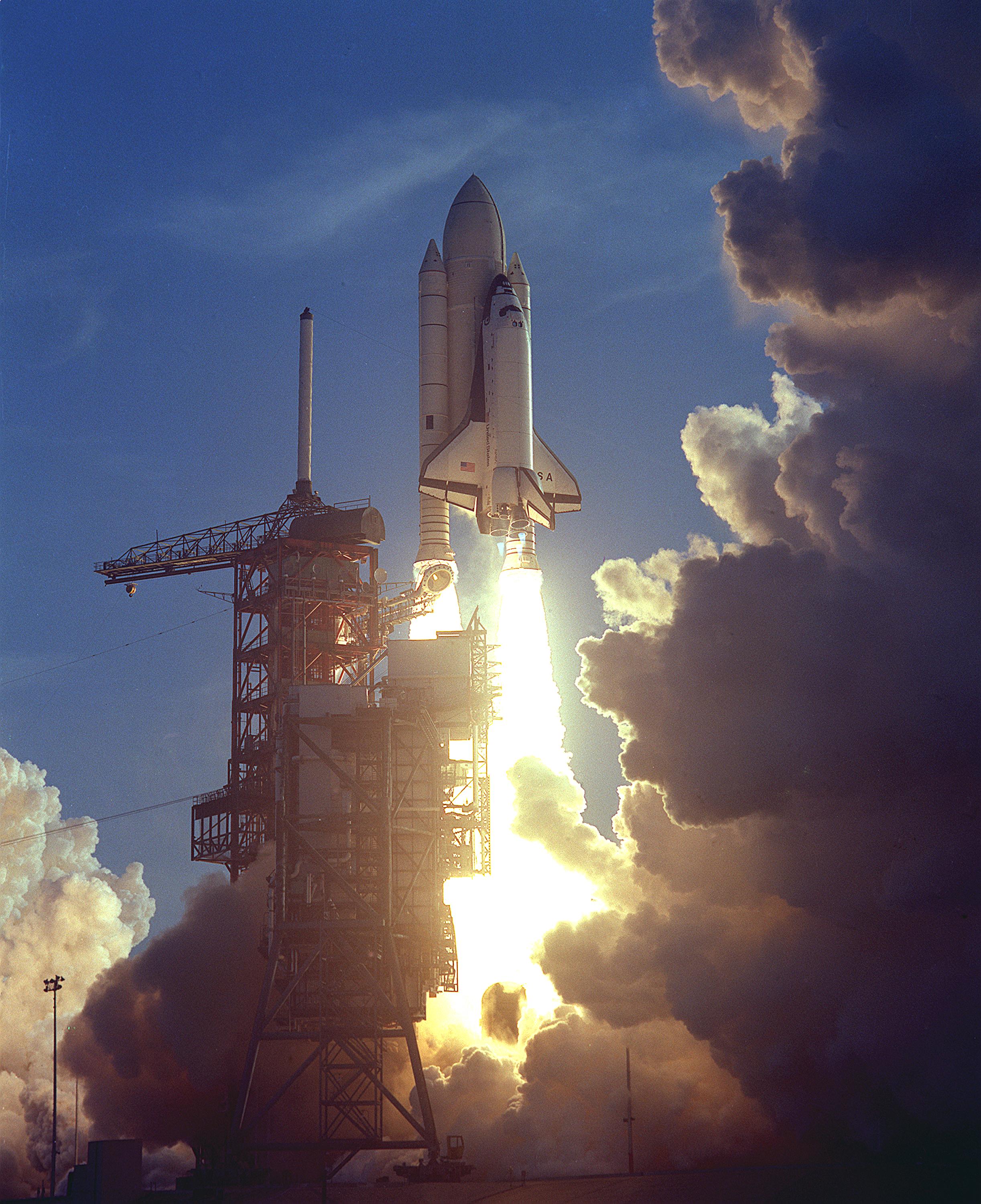 Launch of the first United States space shuttle mission, April 12, 1981