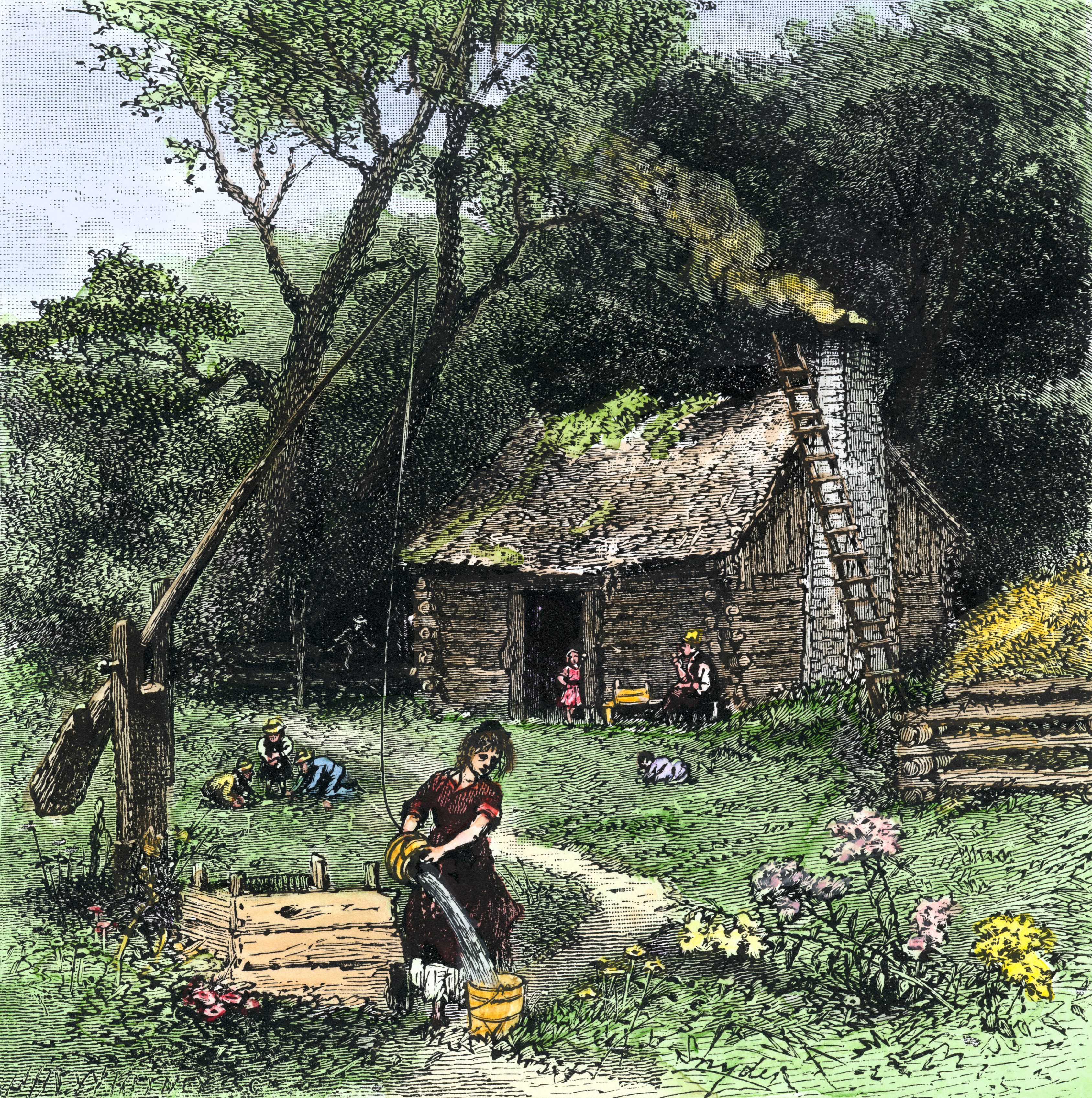 Early homestead in colonial America