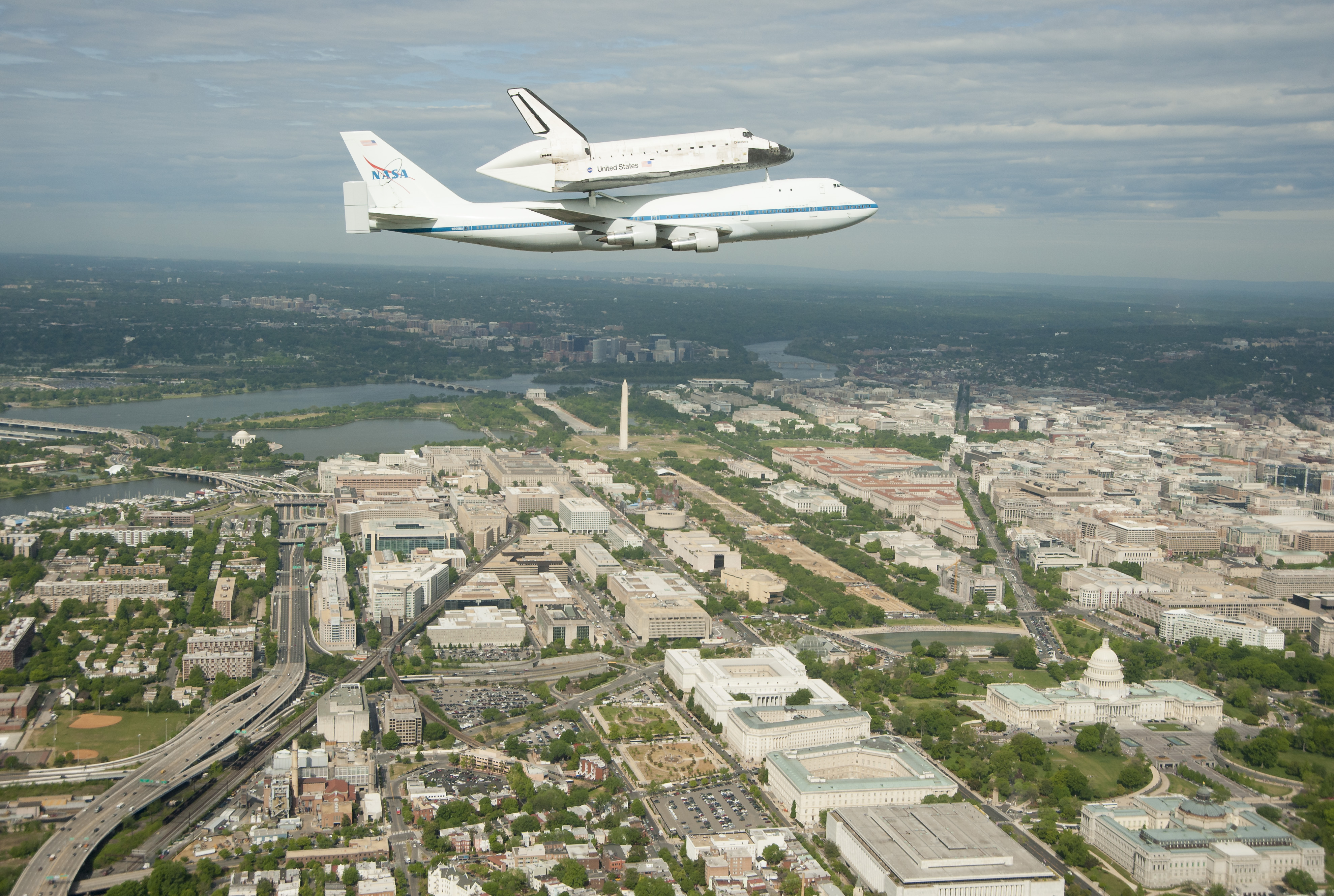 Space shuttle Discovery carried atop a NASA airplane