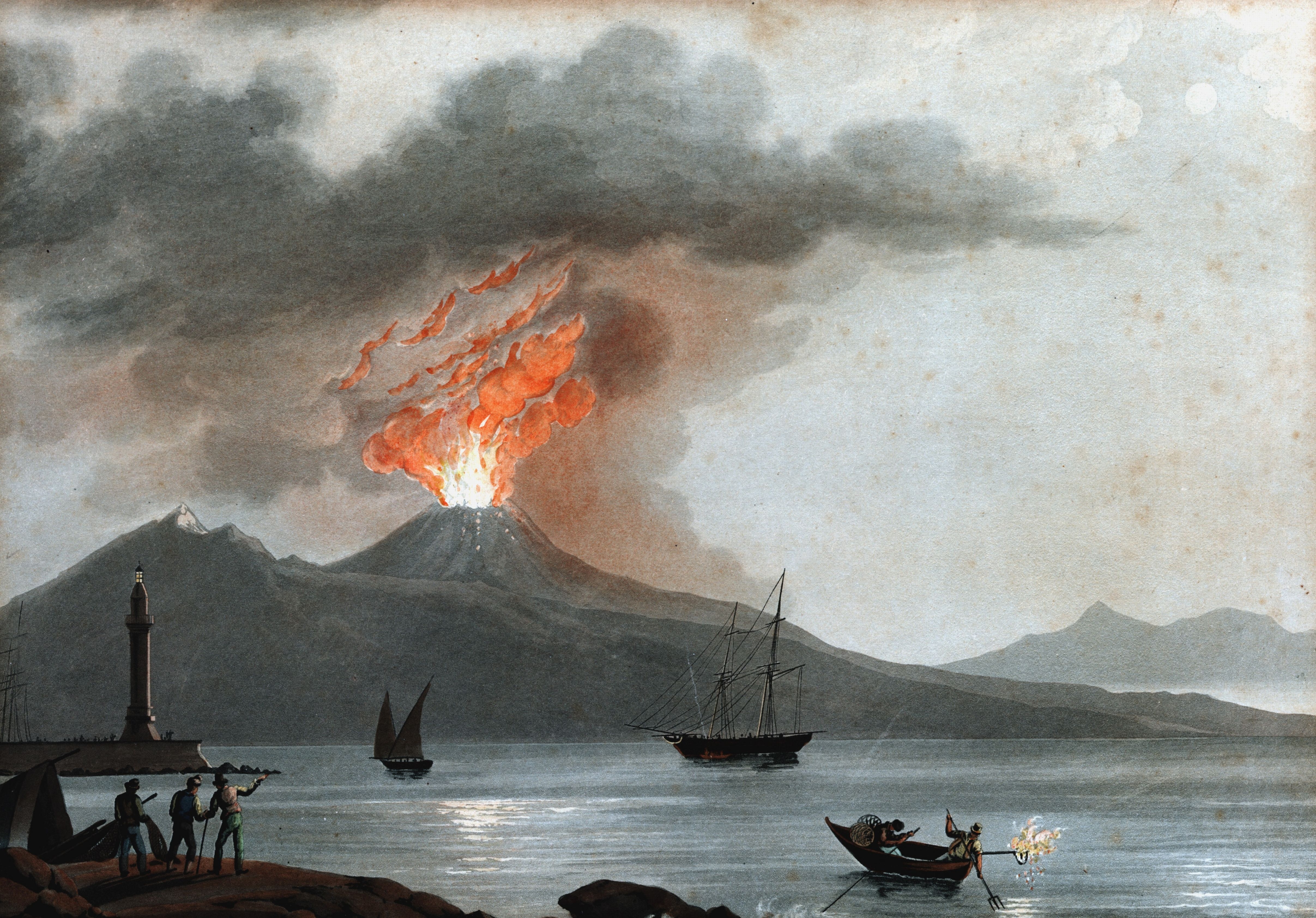 Eruption of Mount Vesuvius, near the Bay of Naples, Italy