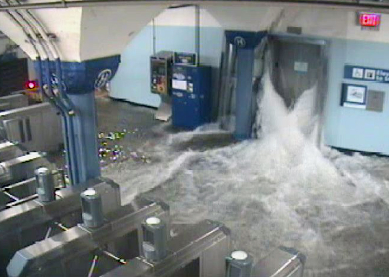 Floodwaters from Superstorm Sandy pour into a rapid-transit station in Hoboken, New Jersey