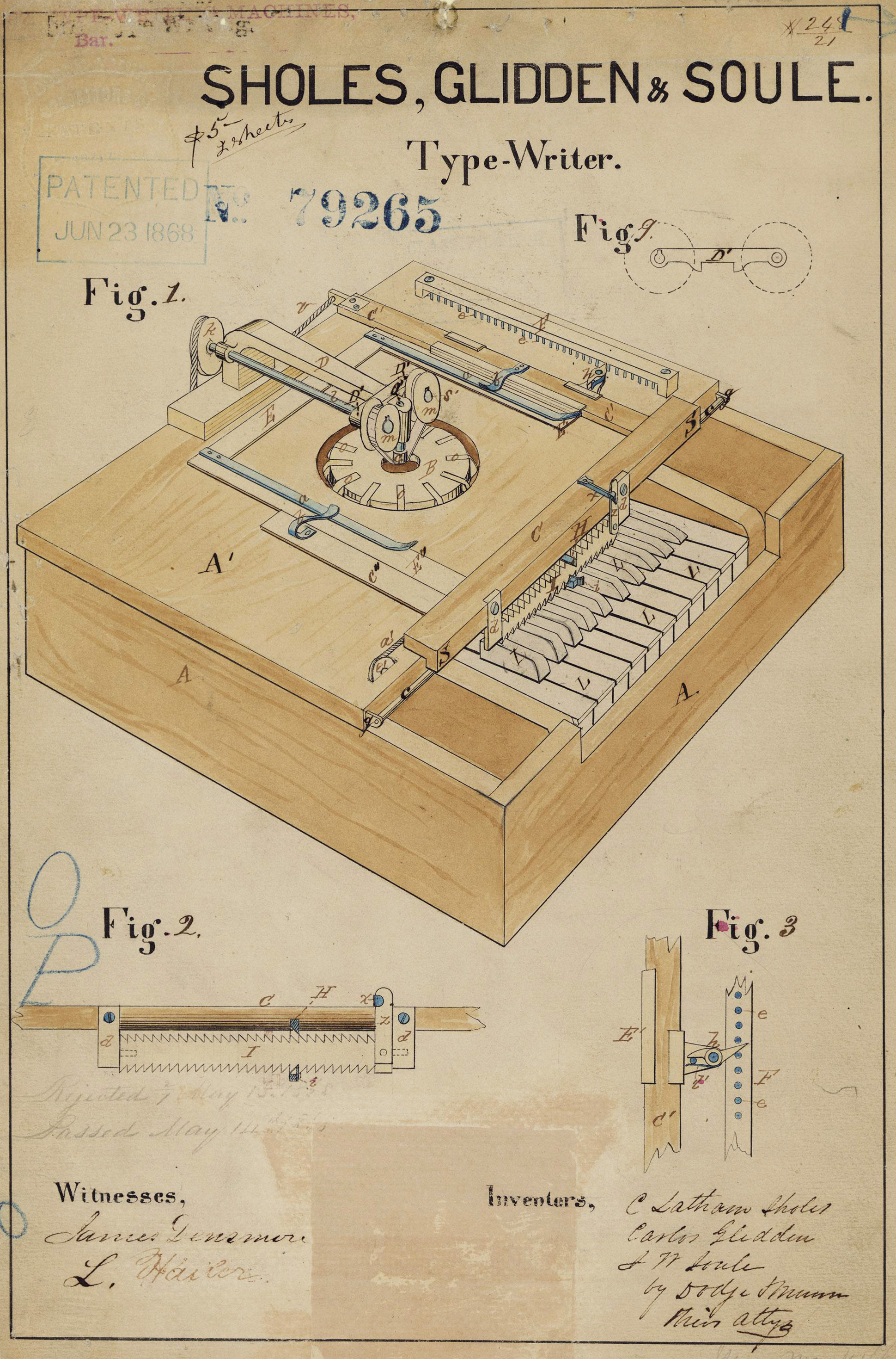 Patent drawing for the first typewriter