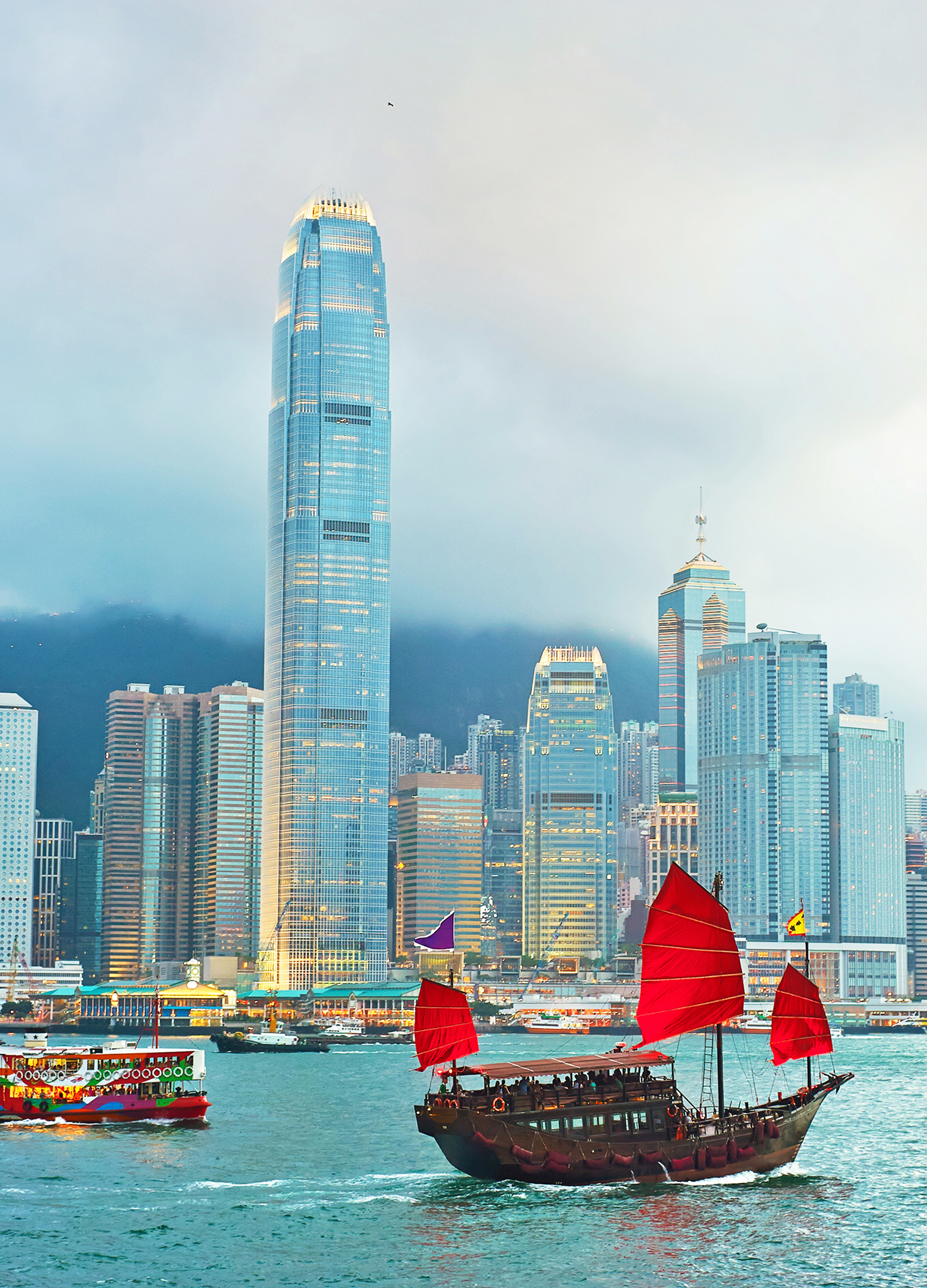 Traditional Chinese sailboat in Victoria Harbour, Hong Kong