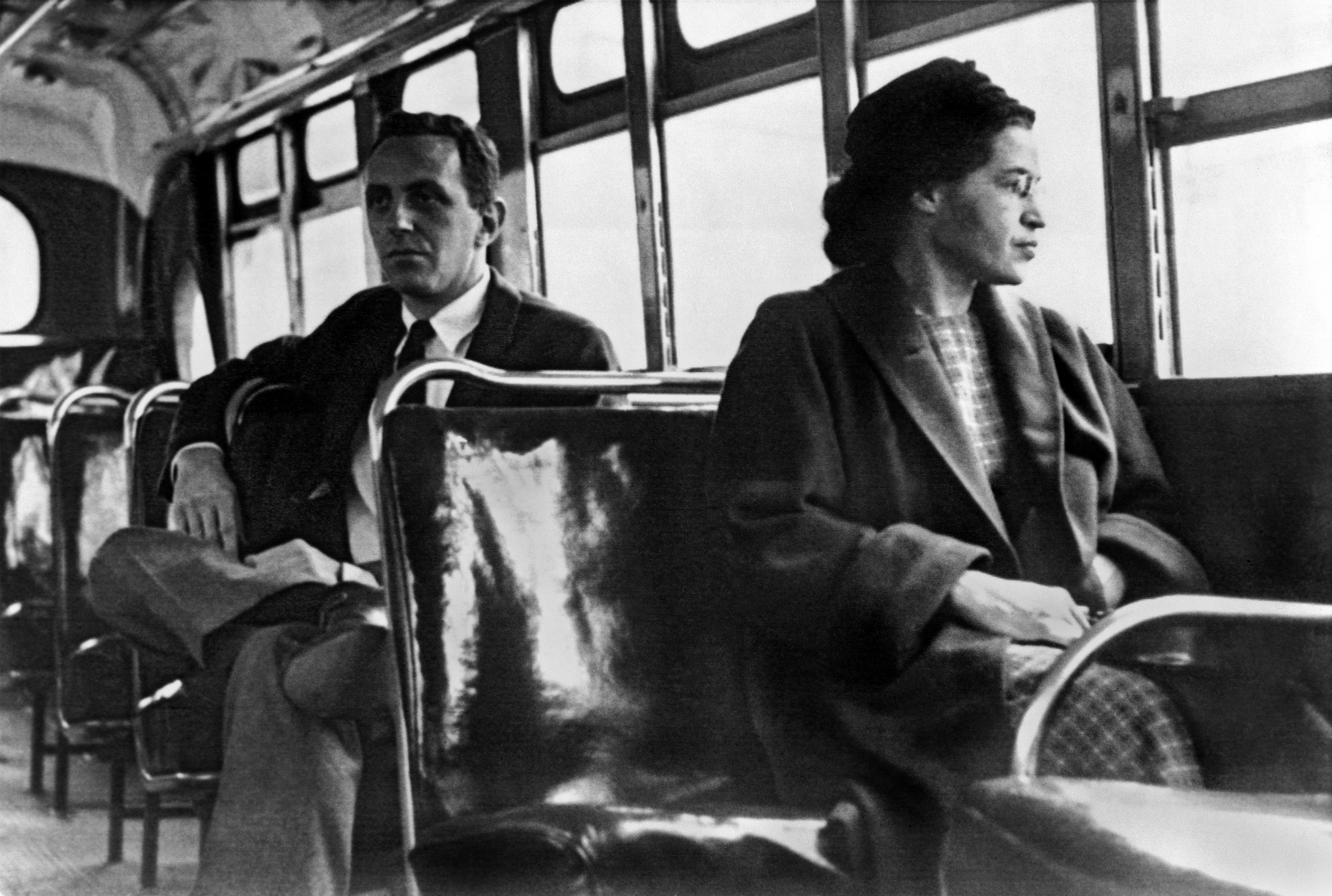 Rosa Parks in the front of a Montgomery bus