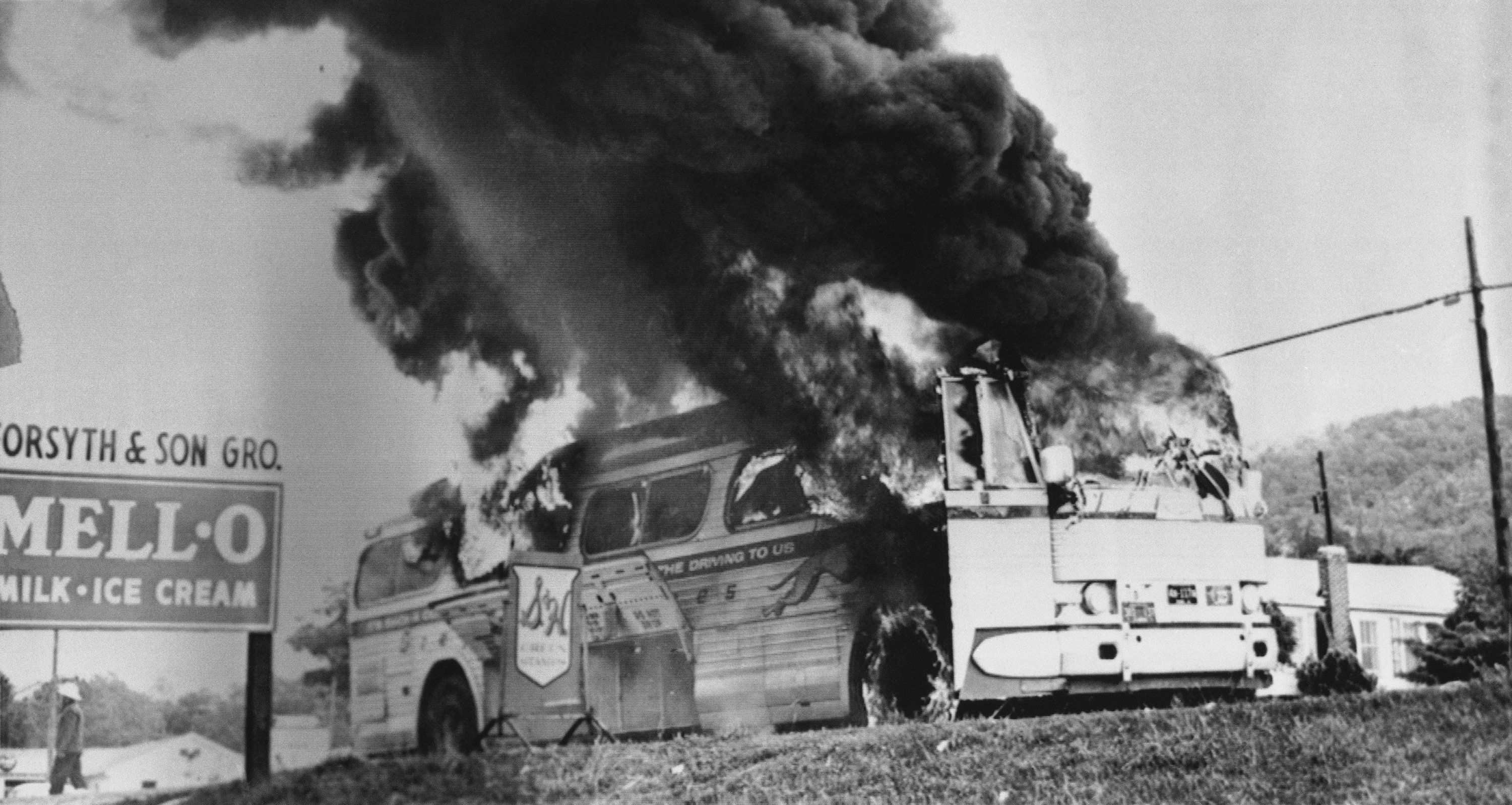 Freedom rider bus on fire