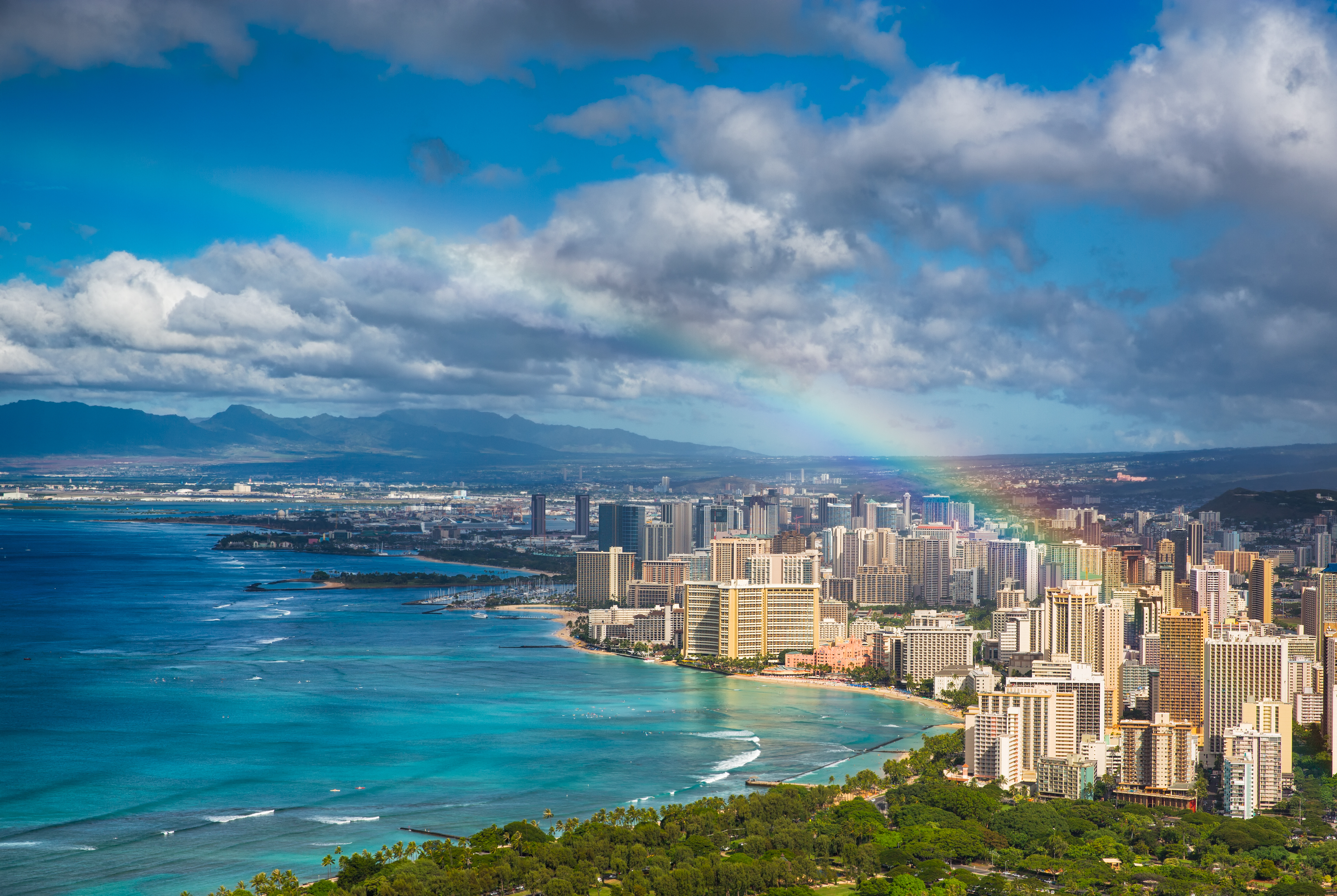 Rainbow over the skyline of Honolulu, Hawaii