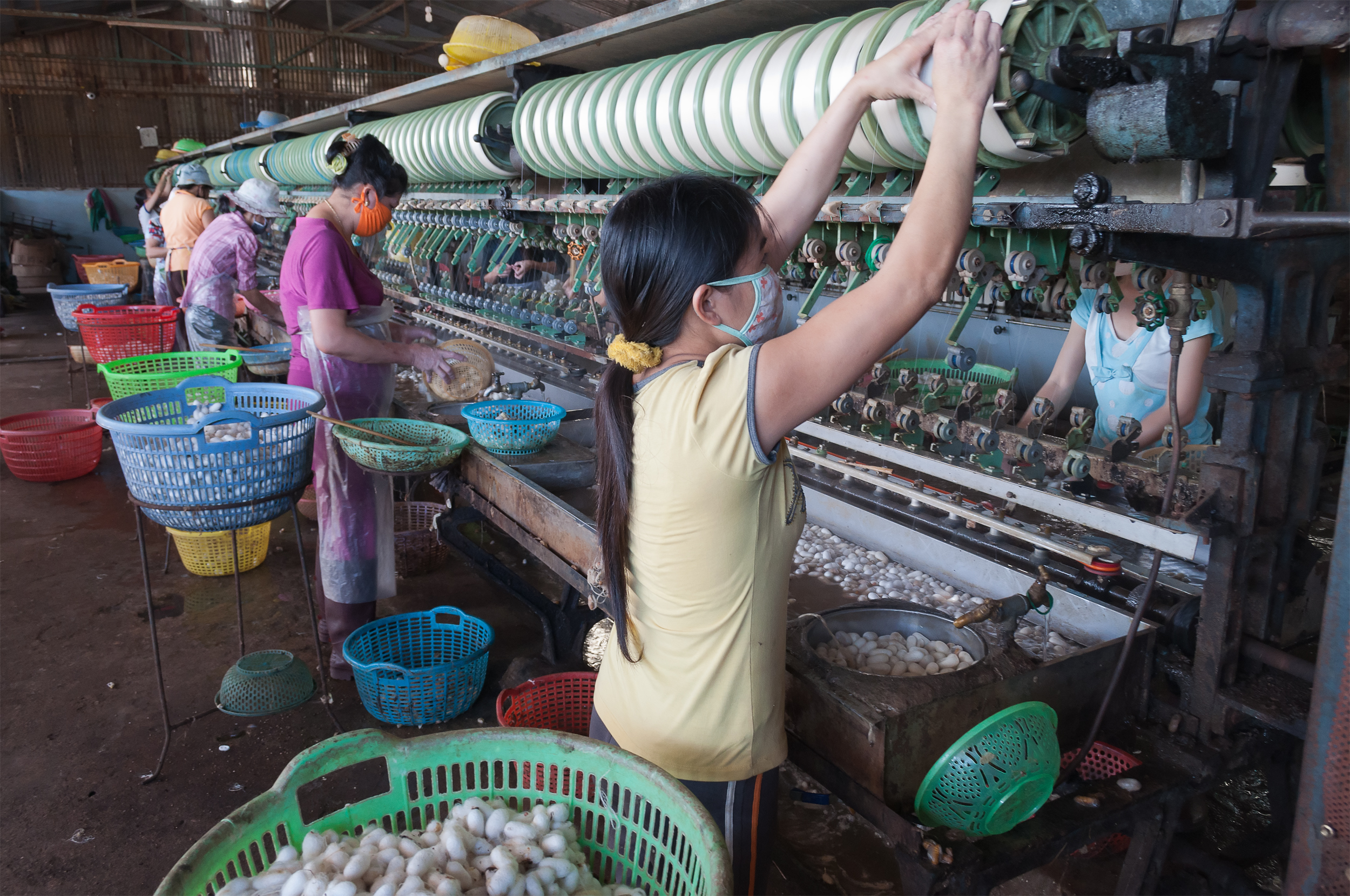 Workers in Vietnam weaving silk from cocoons