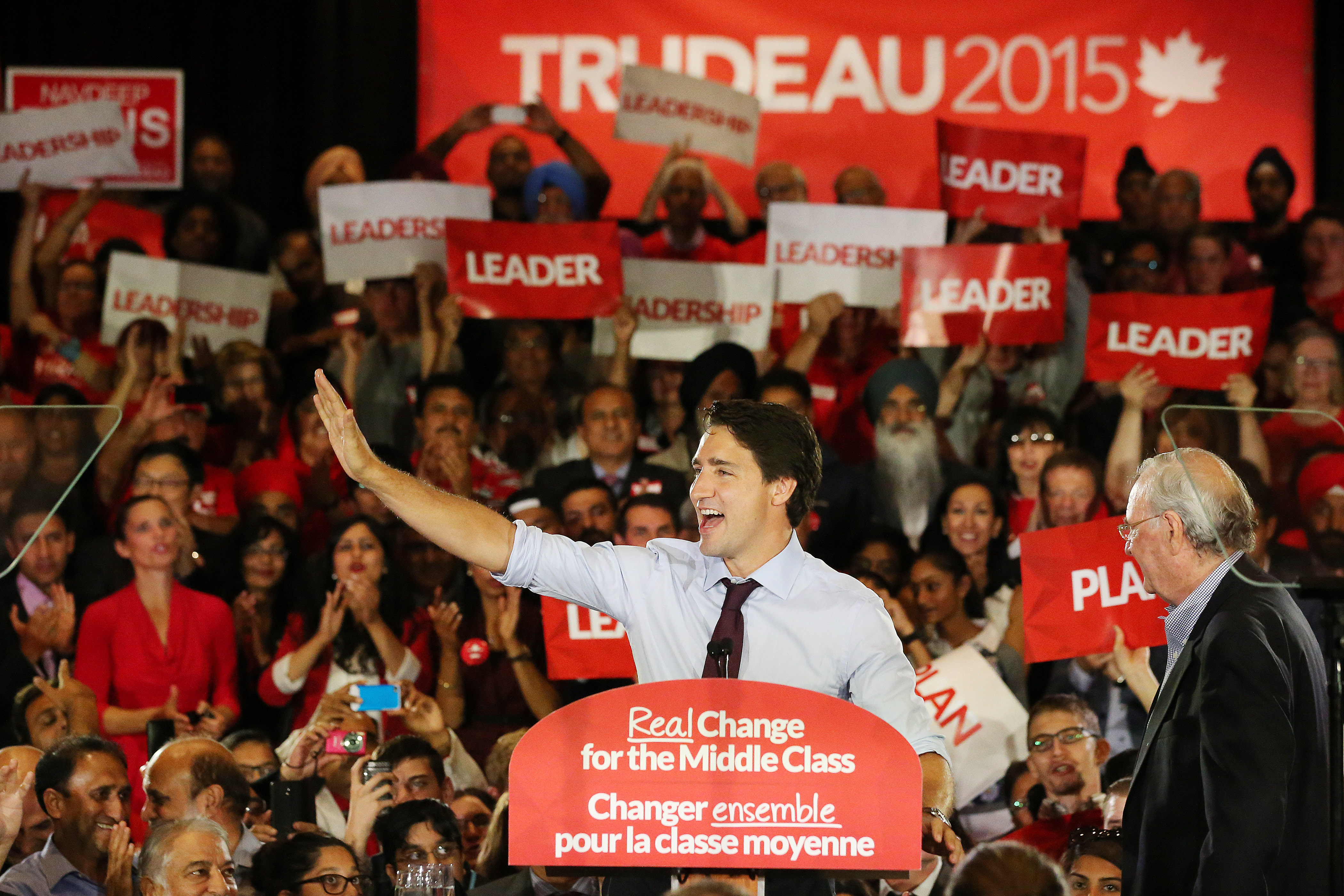 Canadian political leaders Justin Trudeau and Paul Martin at a Liberal Party rally