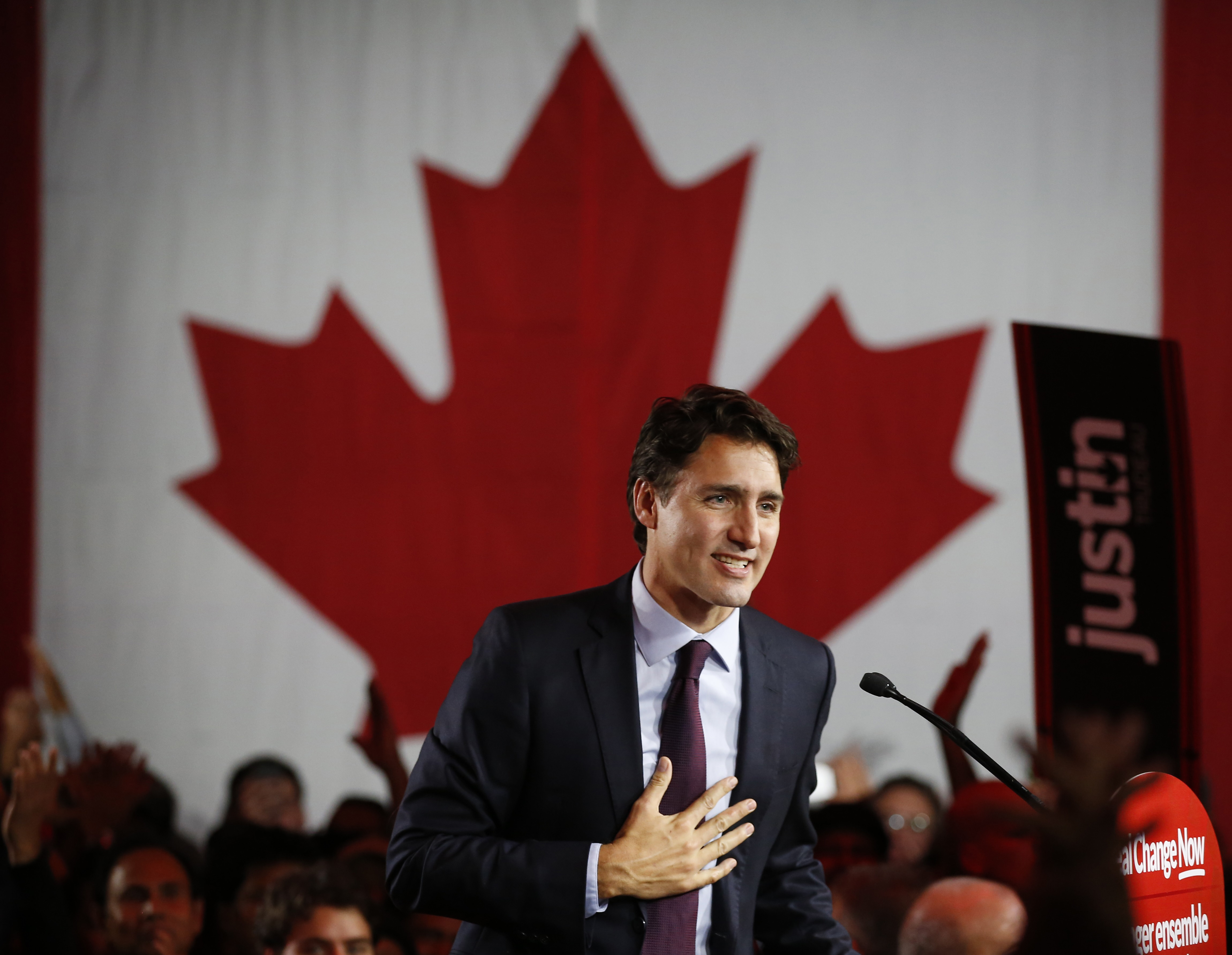 Canadian political leader Justin Trudeau giving his victory speech in October 2015 