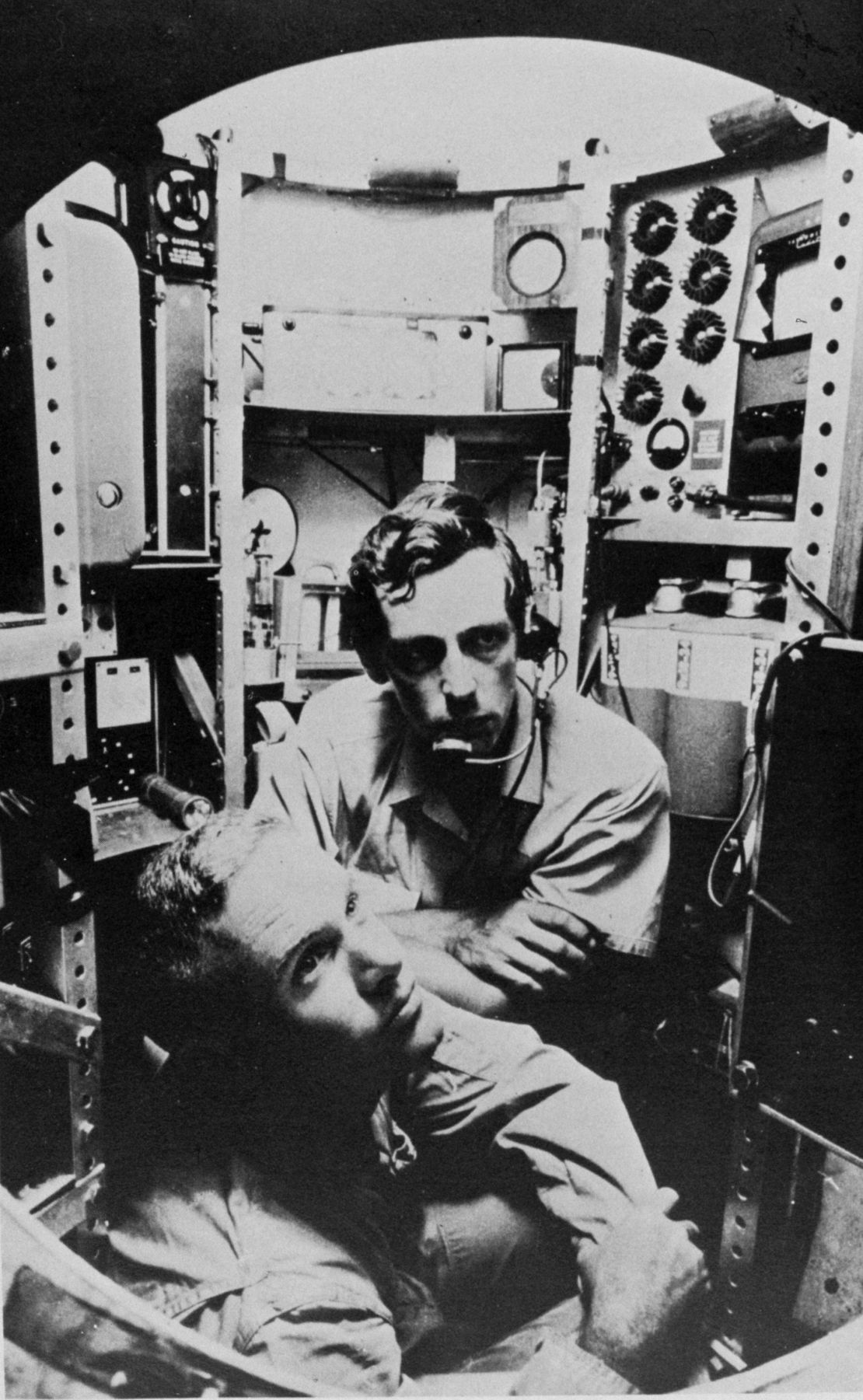 Jacques Piccard and Don Walsh inside diving ship the Trieste